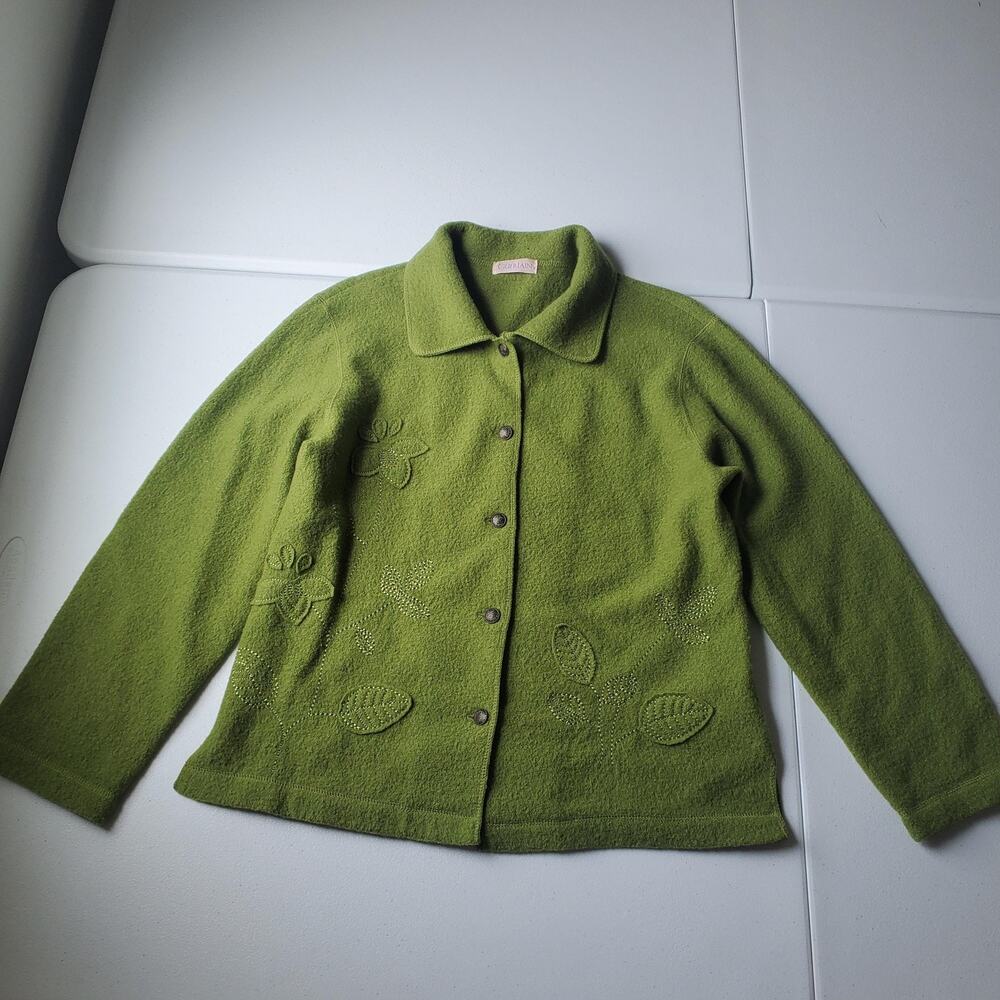 Fairy Goblin Guerlain Cardigan Sweater Womens Green 100% Wool Floral Embroidered